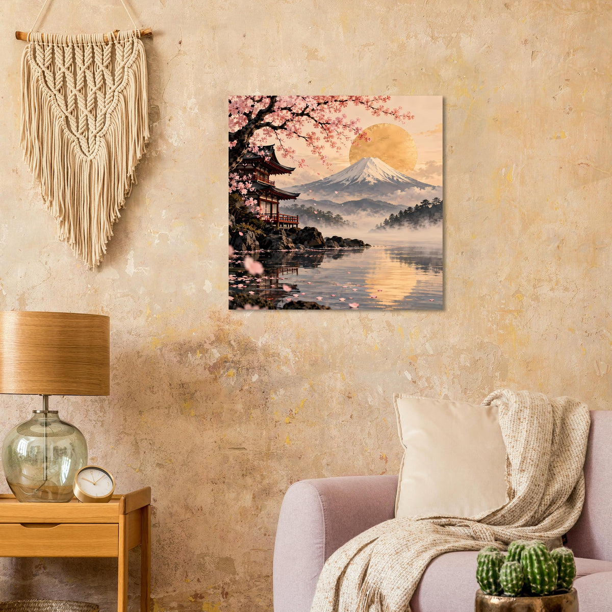 Wandposter mit Kirschblüten, goldenem Fuji und Wasserlandschaft