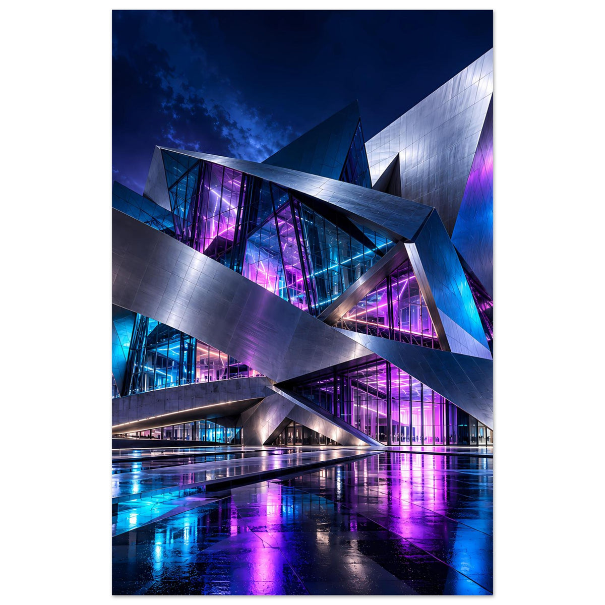 Futuristisches Architekturplakat: moderne Glasfassade mit blau-violett leuchtenden Linien