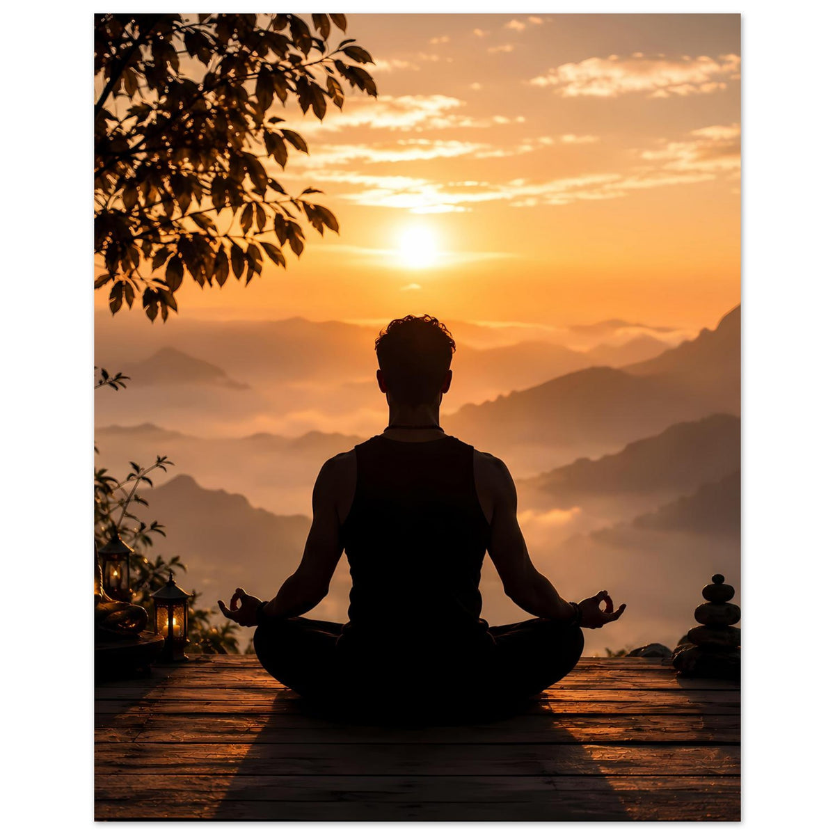 Meditationsposter mit Rückenansicht der Meditationsfigur, Sonnenaufgang, Baumzweige links, Berge