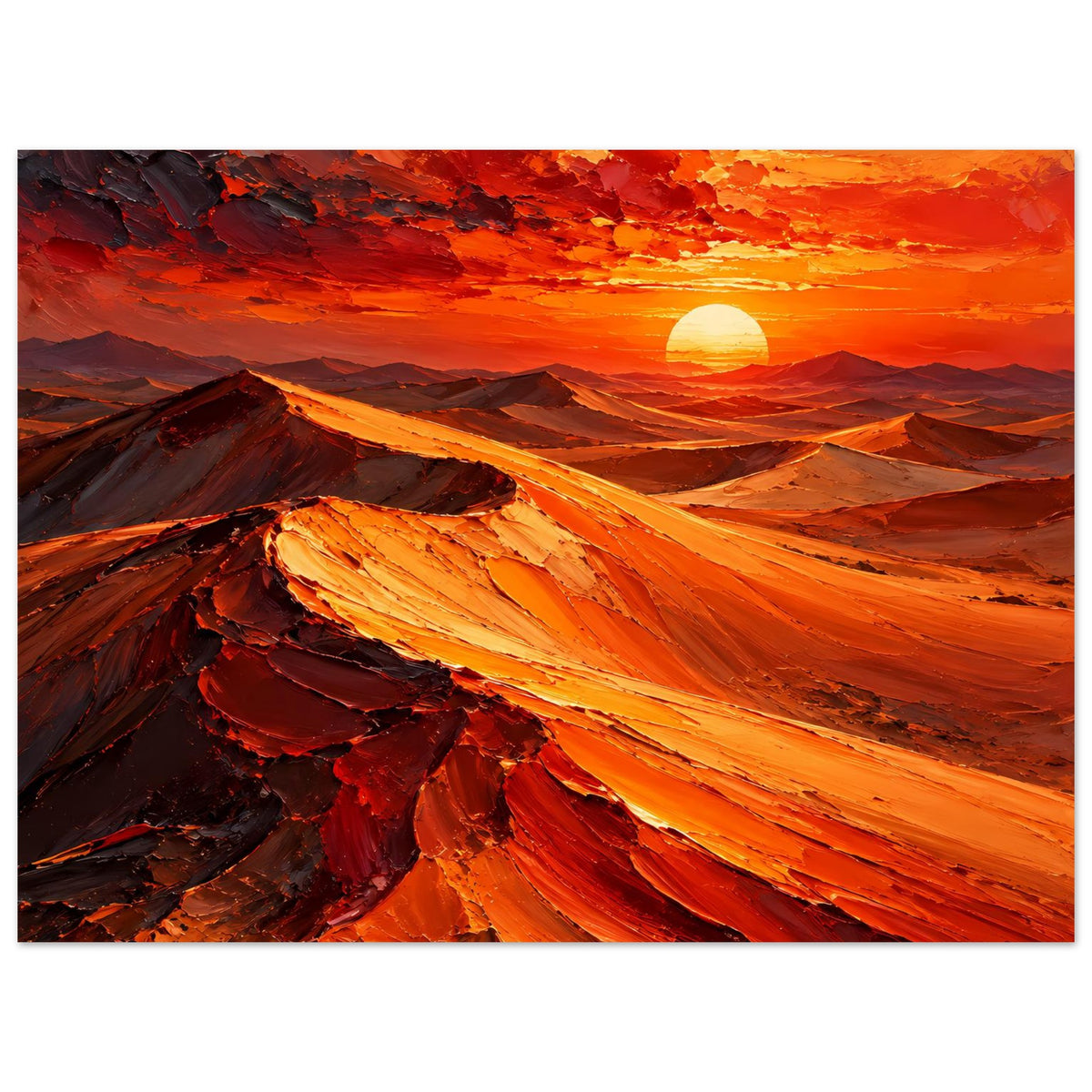 Poster: Detailreiche Wüstendünen im orange-roten Sonnenuntergang, mit Sonnenscheibe