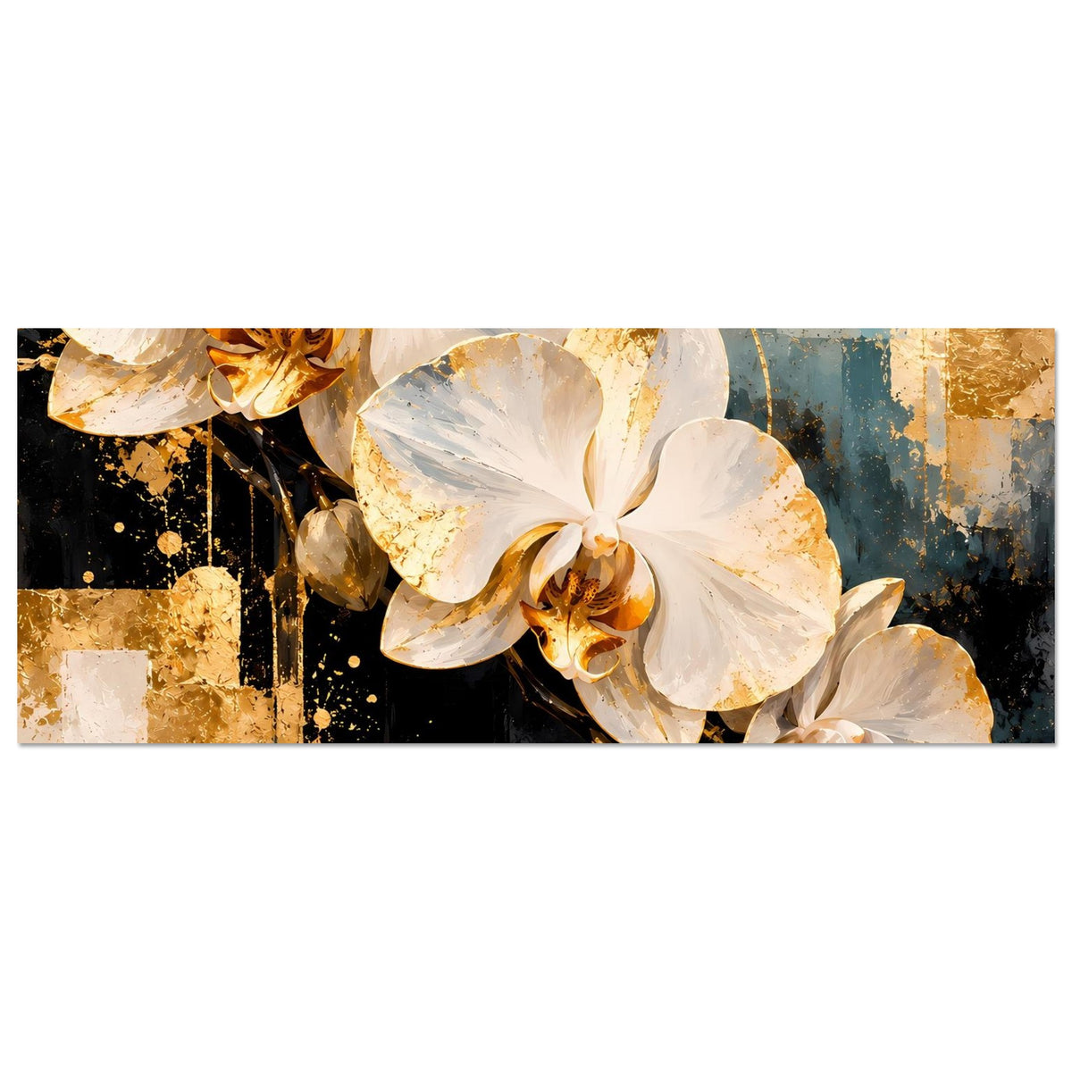 Querformat-Poster: untere Partie mit weißen Orchideen und goldenen Knospen
