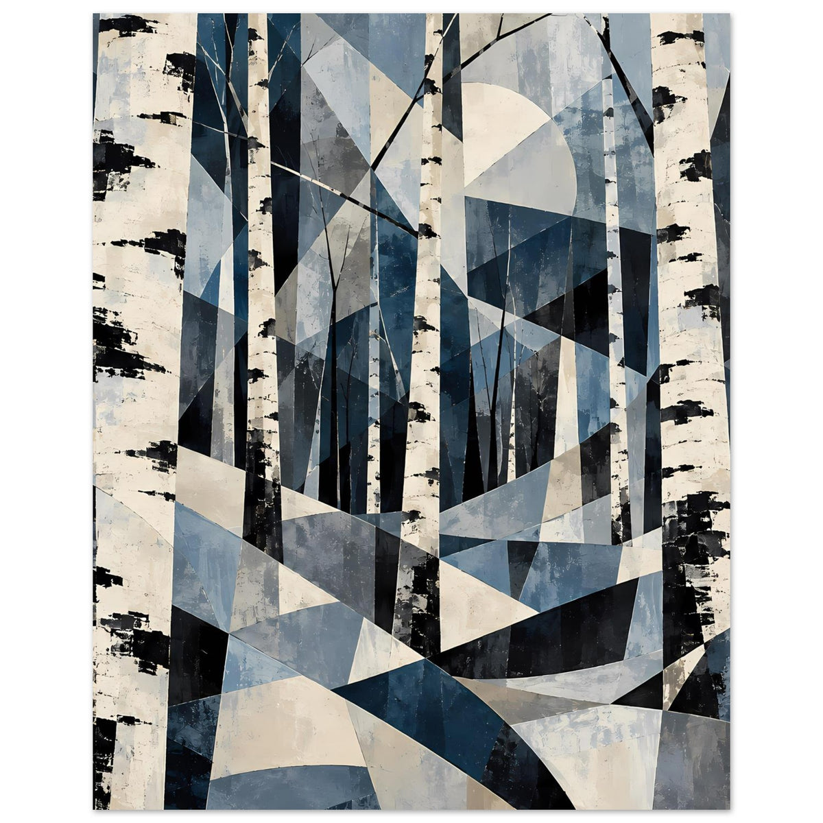 Abstraktes Naturposter im Hochformat: Birkenwald mit klaren Diagonalformen in Blau