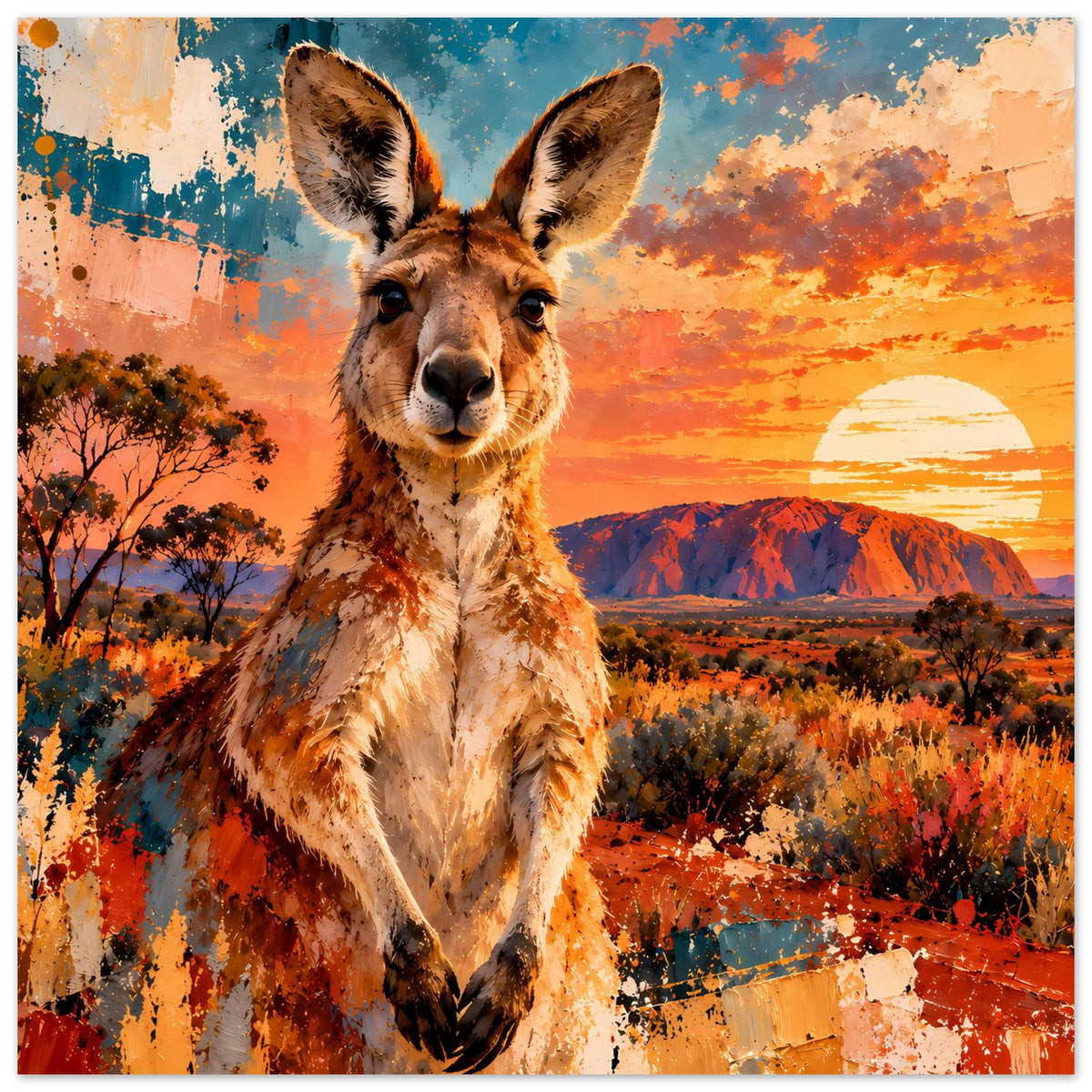 Vertikales Poster mit Känguru im Vordergrund und orangeblauem Himmel