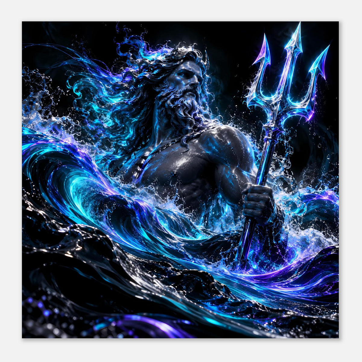 Poster mit Poseidon-Motiv im Querformat: Dreizack, leuchtend blaue Wellen, funkelnde Spritzer