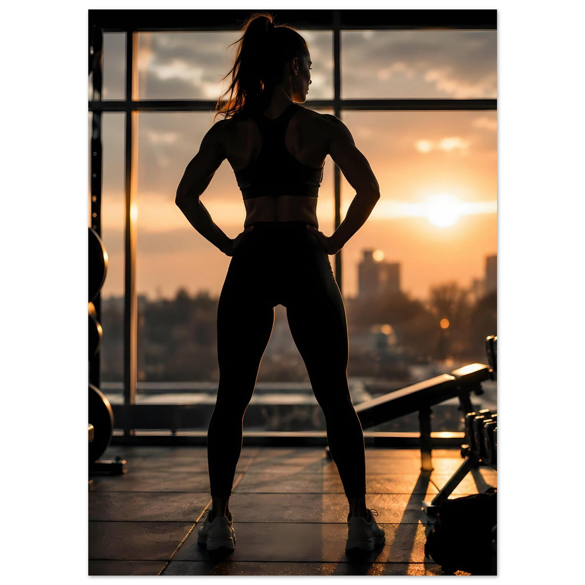 Poster: Sportlerin-Silhouette in Sportkleidung, Standpose, Licht von hinten