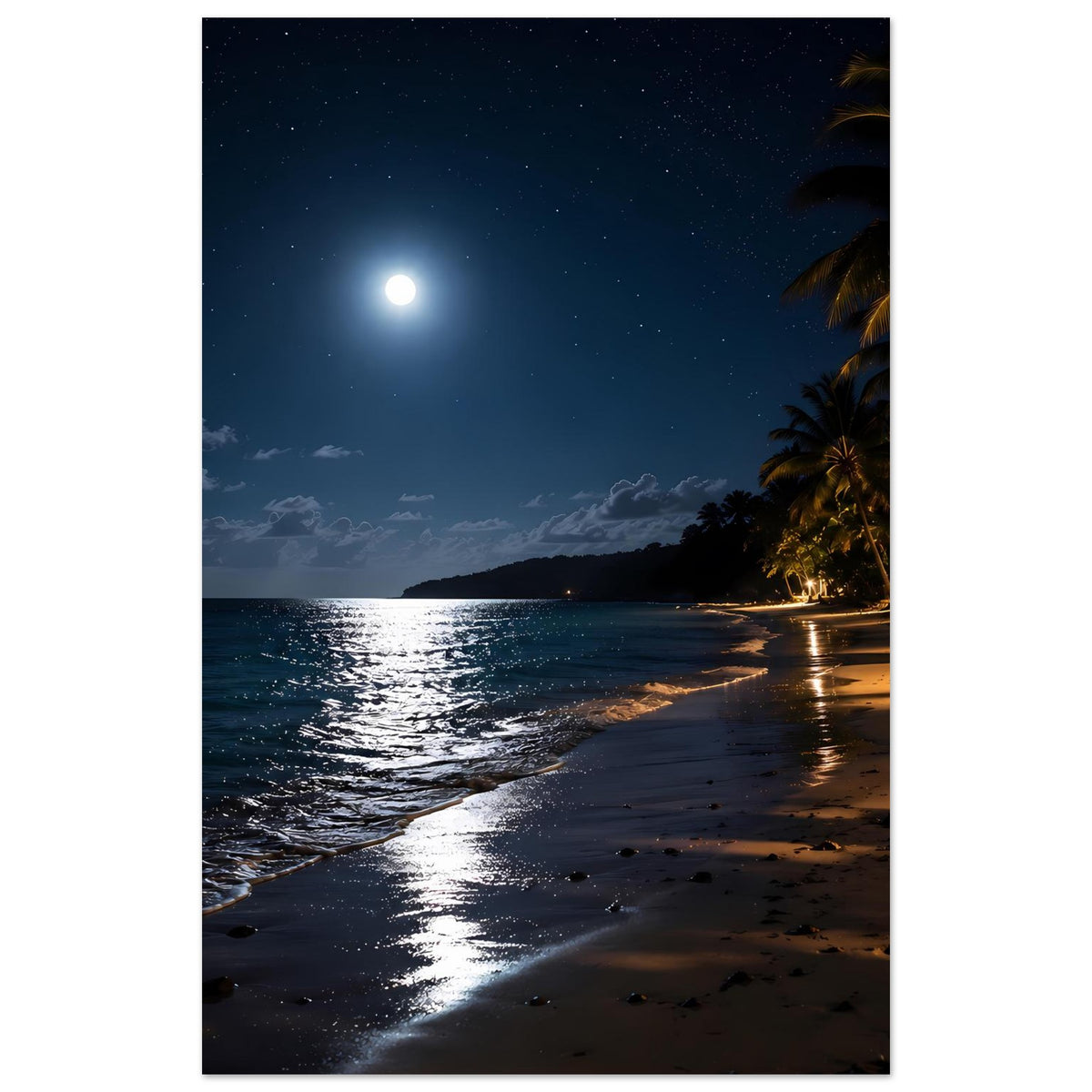 Vertikales Strandposter mit hellem Mond, dunklem Himmel und Palmen am rechten Bildrand
