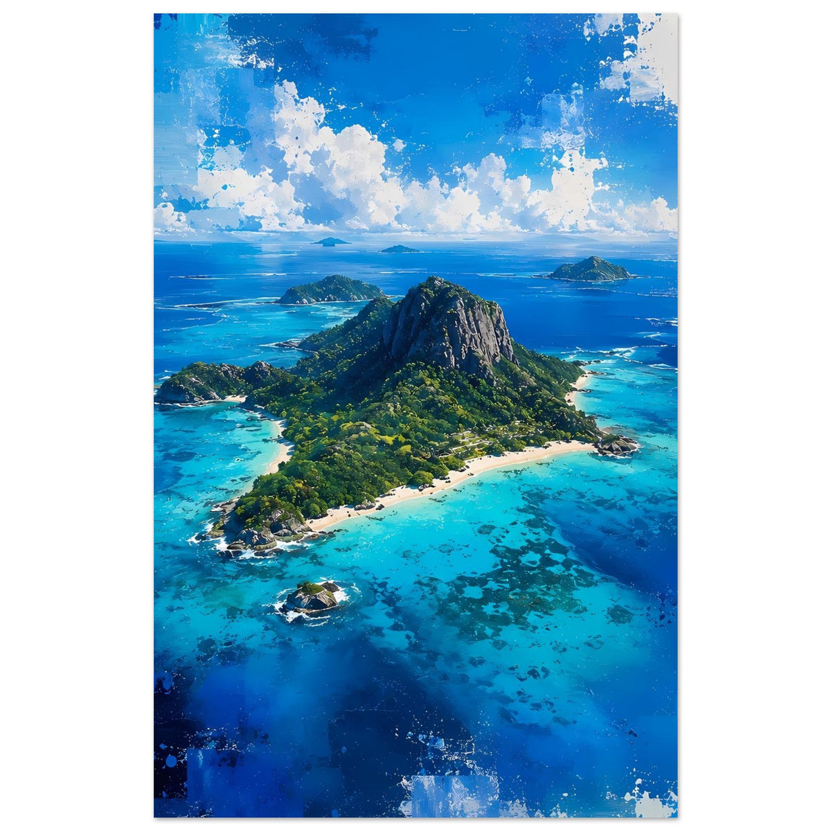 Hochformatiges Poster mit tropischer Insel, Felsberg und türkisfarbenem Meer mit kleinen Inseln