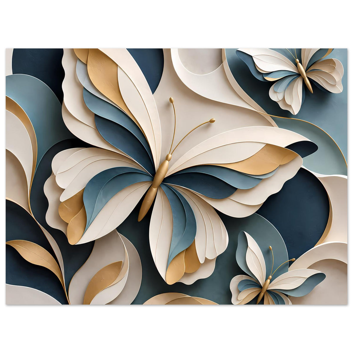 Wandposter mit diagonaler Komposition aus Blättern und Schmetterlingen in Blau und Gold