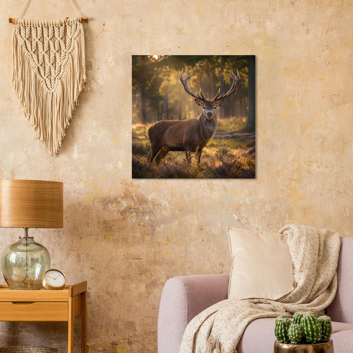 Poster mit Hirsch im Wald, braunes Tier im Lichtkegel, schwarzer Rahmen