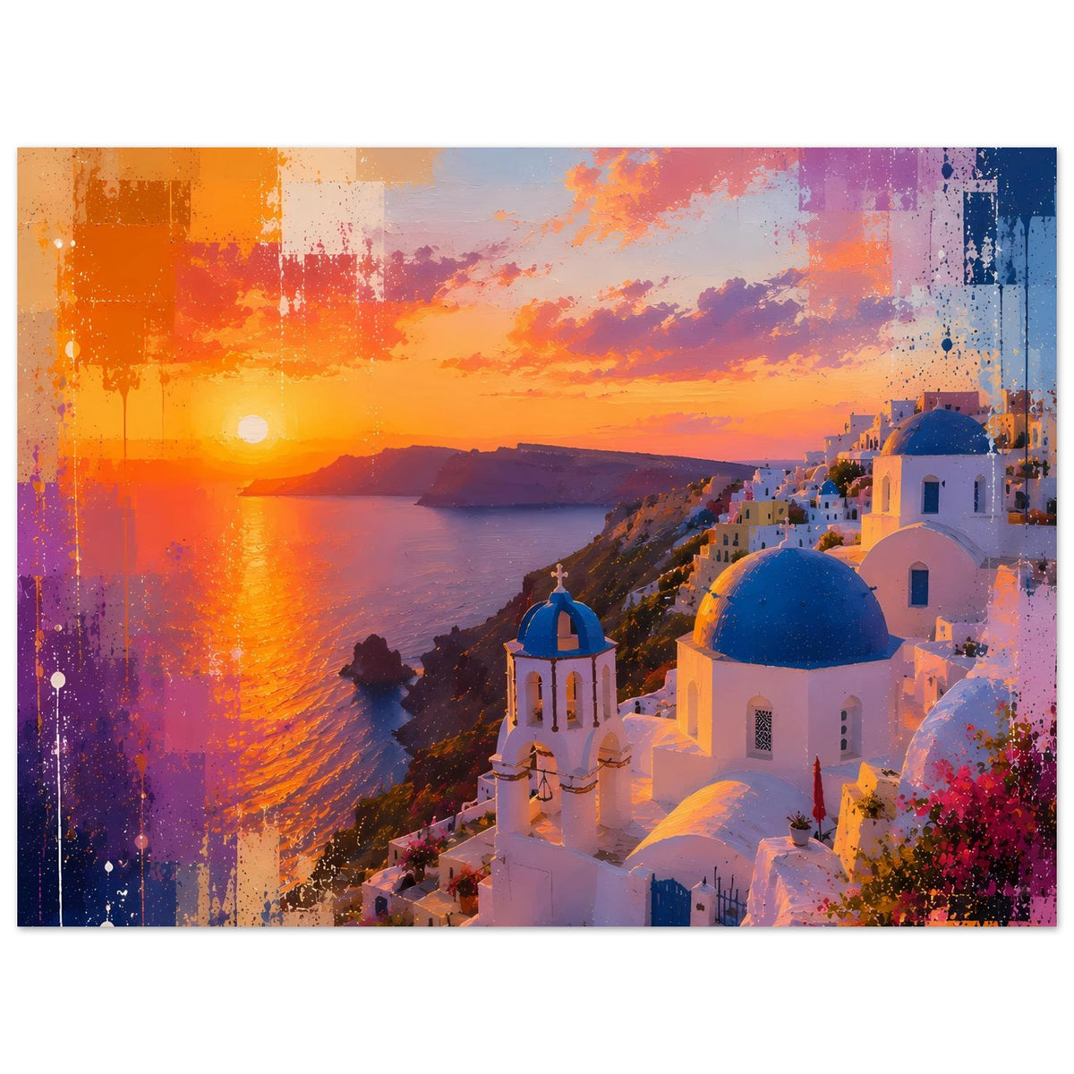 Wandposter im Querformat mit Sonnenuntergang über dem Meer und weißen Häusern mit blauen Kuppeln
