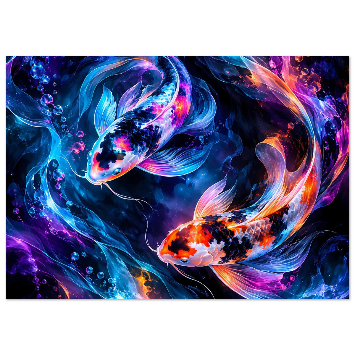 Horizontales Poster mit leuchtenden Koi-Fischen in Blau, Lila und Orange, dynamische Wasserströmungen