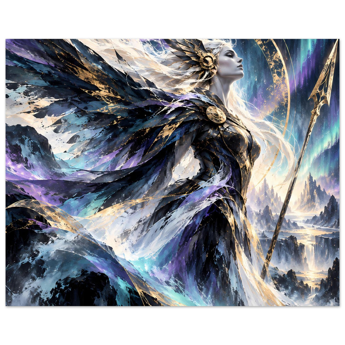 Fantasy-Göttinnenposter, Querformat: Göttin mit Flügeln und goldener Krone, blau-lila Licht