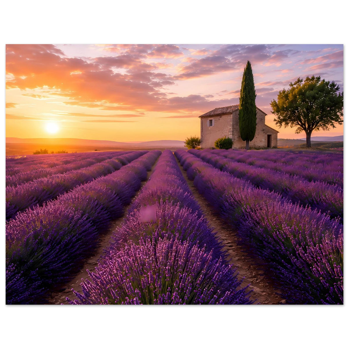 Hochformat-Poster mit Lavendelfeld und Pfad, Sonnenaufgangsfarben, Landhaus und Zypresse.