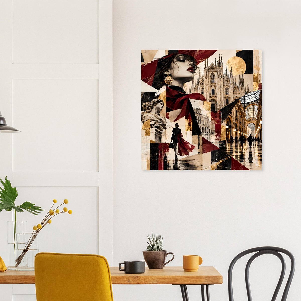 Kollage-Poster mit Frau und Skyline, Burgund- und Goldtöne