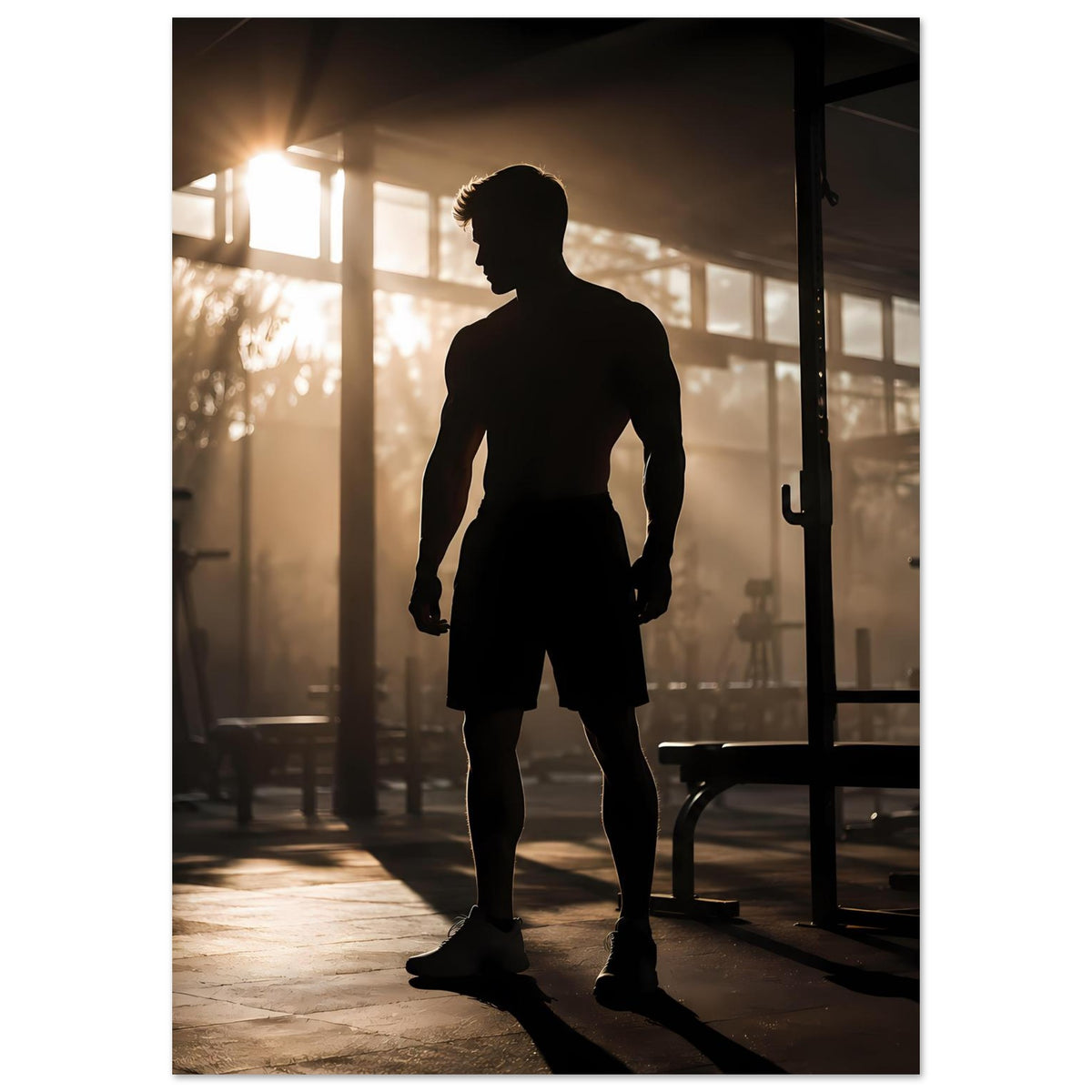Fitness-Poster (Hochformat) mit Silhouette eines Sportlers: Shorts und Schritte