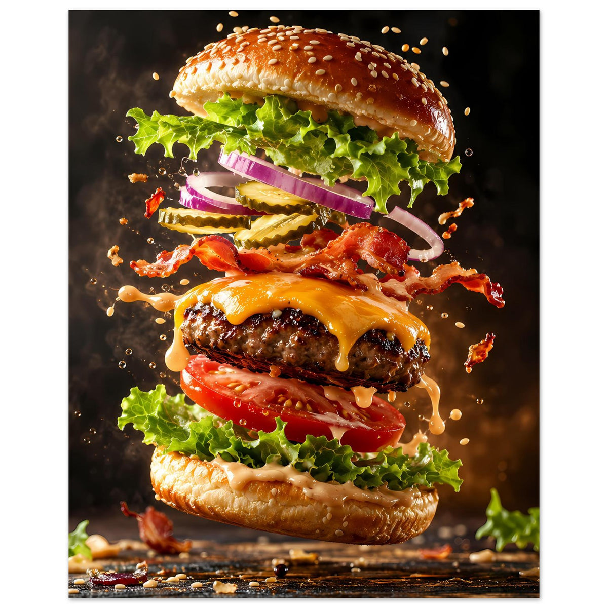 Hochkant-Burger-Kunstposter mit drei Burger-Lagen, Salat, Käse und Bacon im Spritzbild.