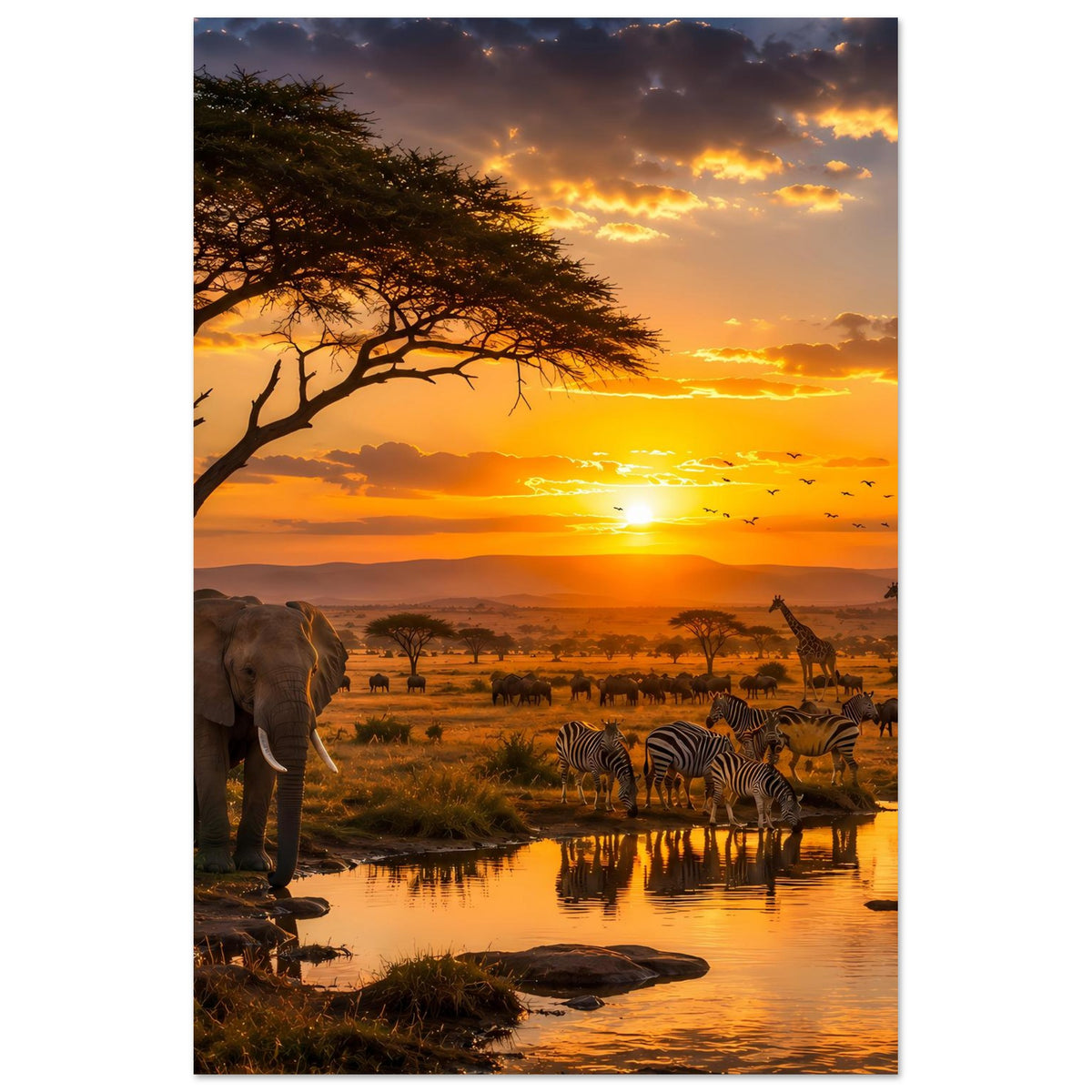 Vertikales Poster: Elefanten und Zebras am Wasserloch, goldene Savanne im Sonnenuntergang