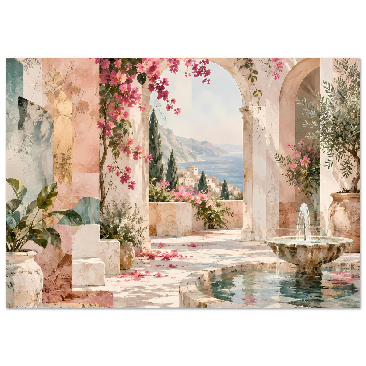 Kunstposter mit Arkaden und Brunnen, links Pflanzen, rosa Blüten am Eingang.