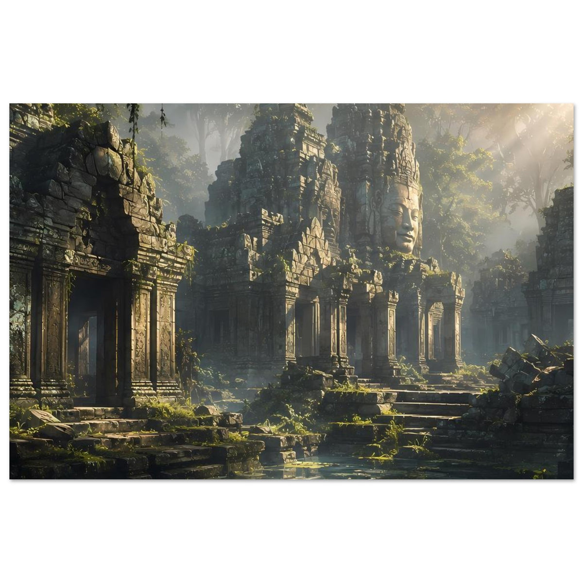 Poster mit Tempelruinen-Motiv, steinerne Säulenfront und Lichtstrahlen durch Nebel im Querformat
