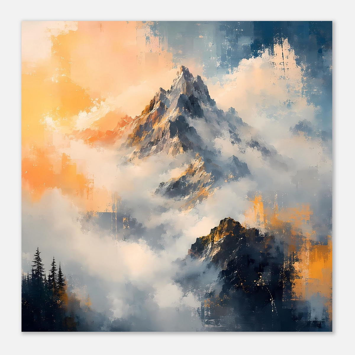 Bergposter im quadratischen Zuschnitt, felsiger Gipfel, wolkige Farben in Blau und Orange