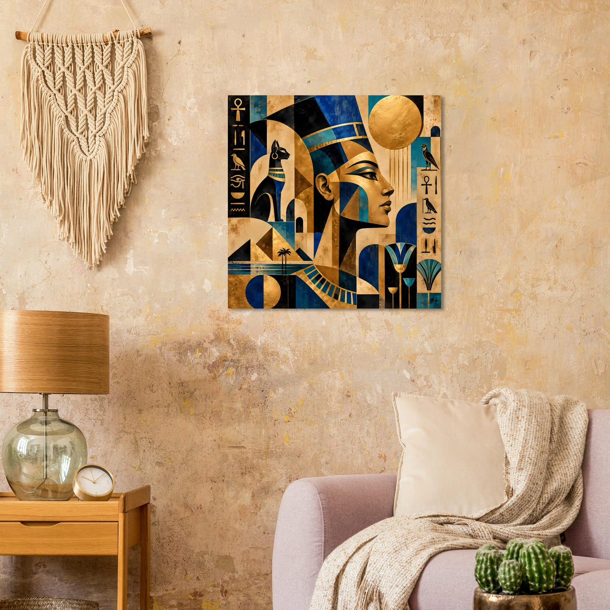 Quadratisches Wandposter mit ägyptischer Profilfigur, Azurblau und Goldtönen, Sonnenkreis