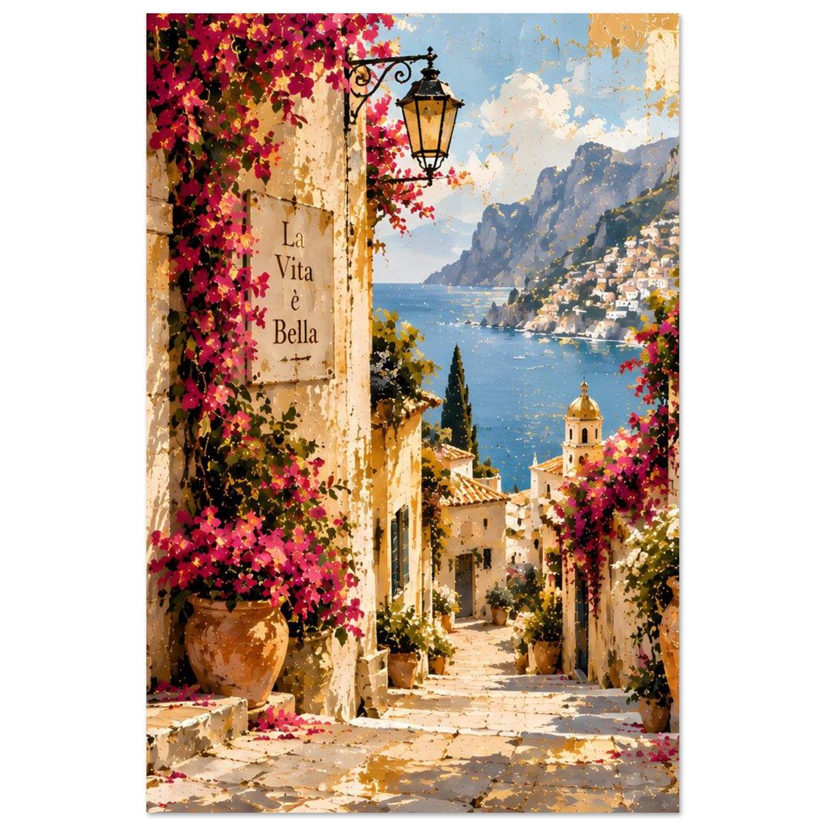 Poster mit mediterranen Häusern, pinkem Blütenbogen, Laterne und kleiner Kuppel am Wasser