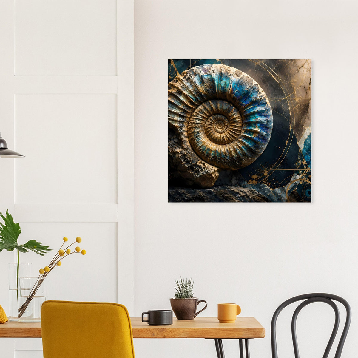 Quadratisches Kunstposter mit blau-goldenem Ammonit-Fossil und goldenen Umlaufbahnen
