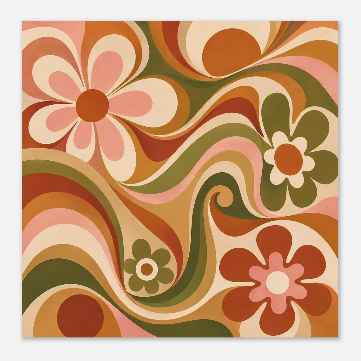 Florales Poster querformat mit Blüten und Spiralwellen in warmen Orange- und Grüntönen