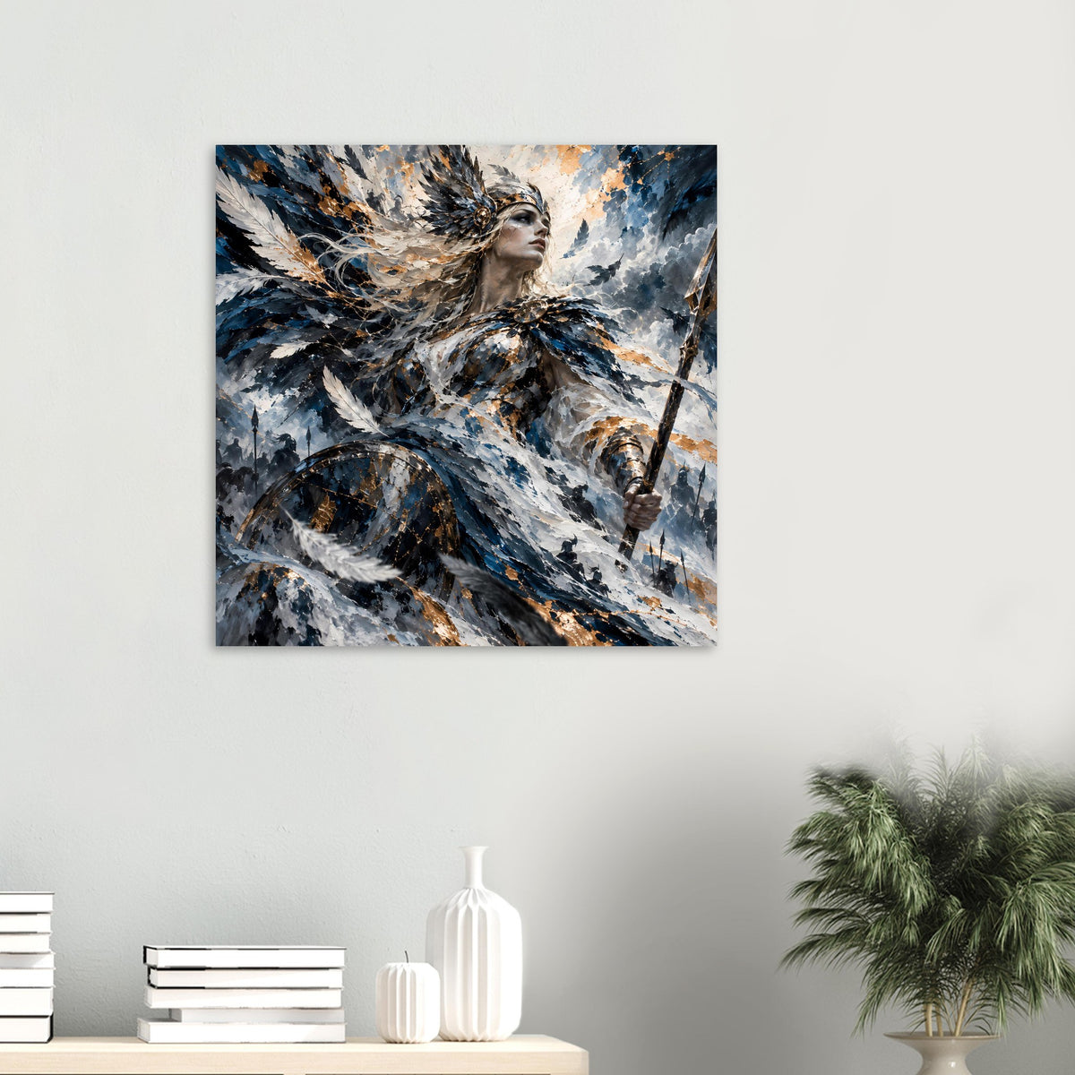 Kleines Poster im Hochformat: Valkyrie, Federflügel in Blau-Grau, goldene Akzente