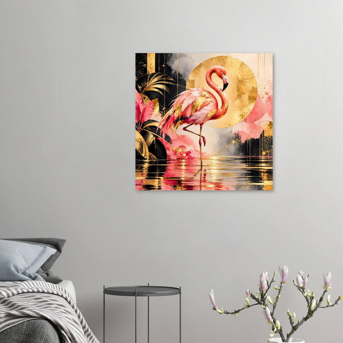 Kleines Flamingo-Tierposter: rosa Flamingo mit goldener Sonne, Spiegelung im Wasser