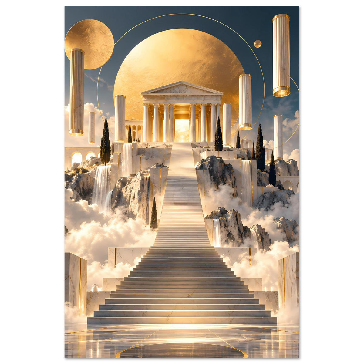 Kunstposter mit Treppenweg, goldenen Säulen und Rundbogen über Wolken