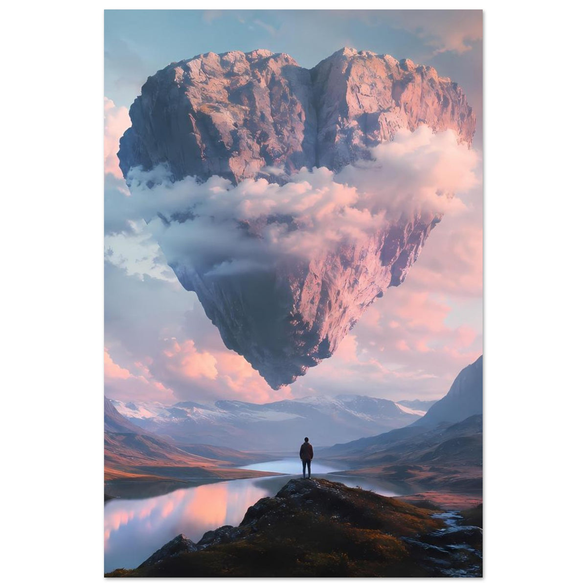 Poster mit schwebendem Felsherz über Bergsee, Bergpanorama und stehender Person
