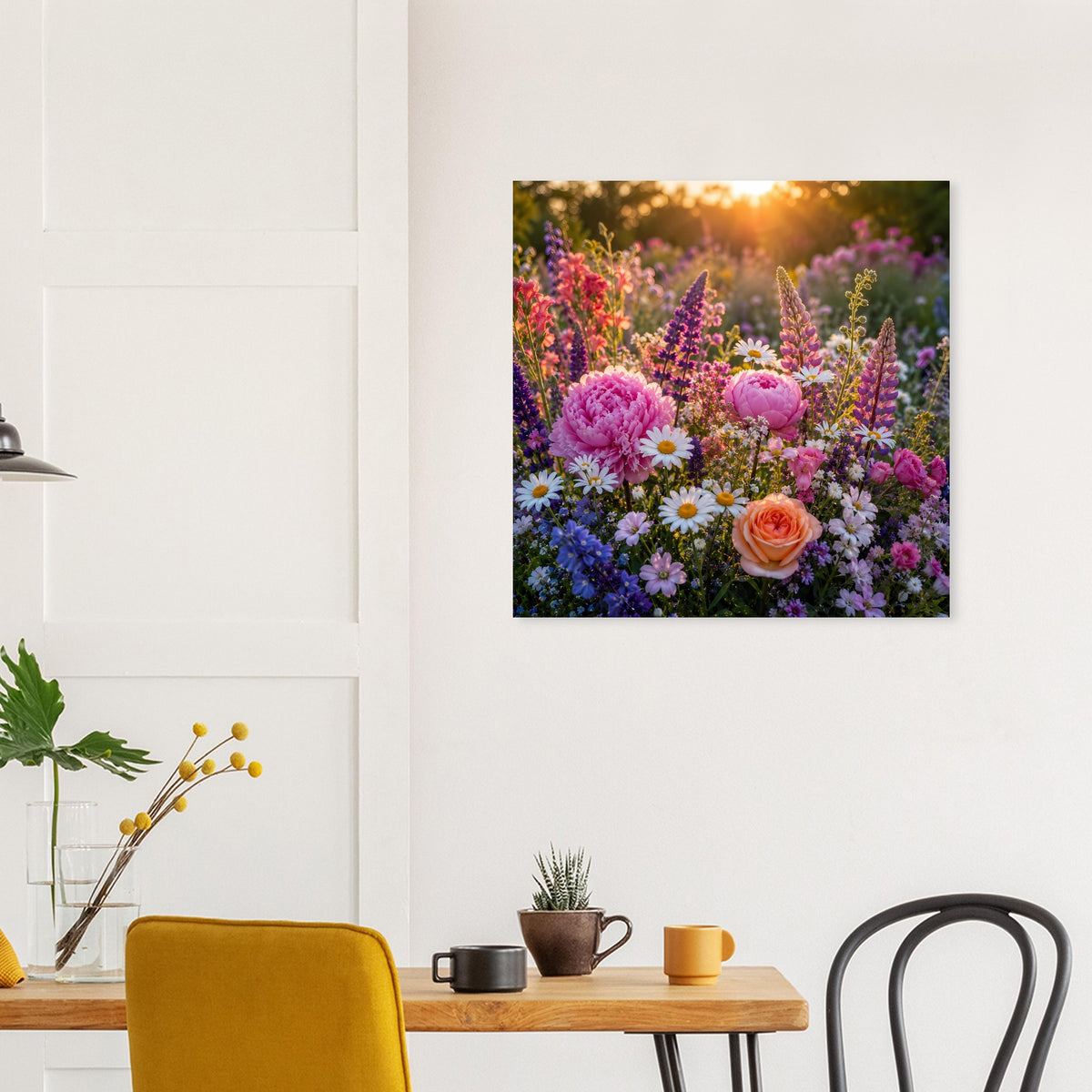 Blumenposter mit schwarzem Rahmen: dichtes Feld aus bunten Blüten bei goldenem Licht