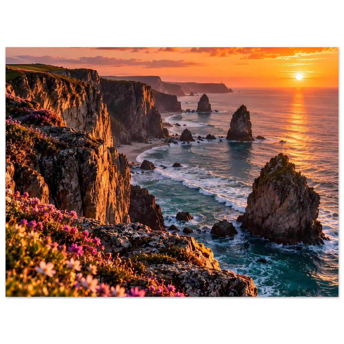 Querformat-Poster: Klippenküste bei Sonnenuntergang, Meeresspiegel, Felsen im Wasser