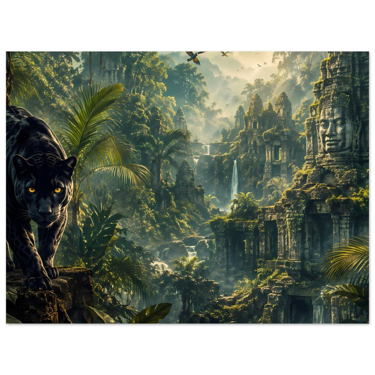 Querformat-Poster: schwarzer Panther links, Tropengrün und Tempelruinen, Blick in die Tiefe