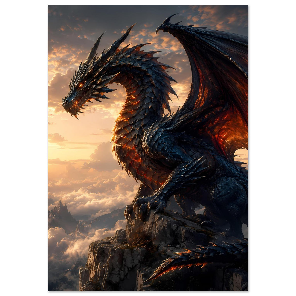 Drachenfantasy-Poster: blauer Drache auf Felsvorsprung, glühende Adern und Klauen
