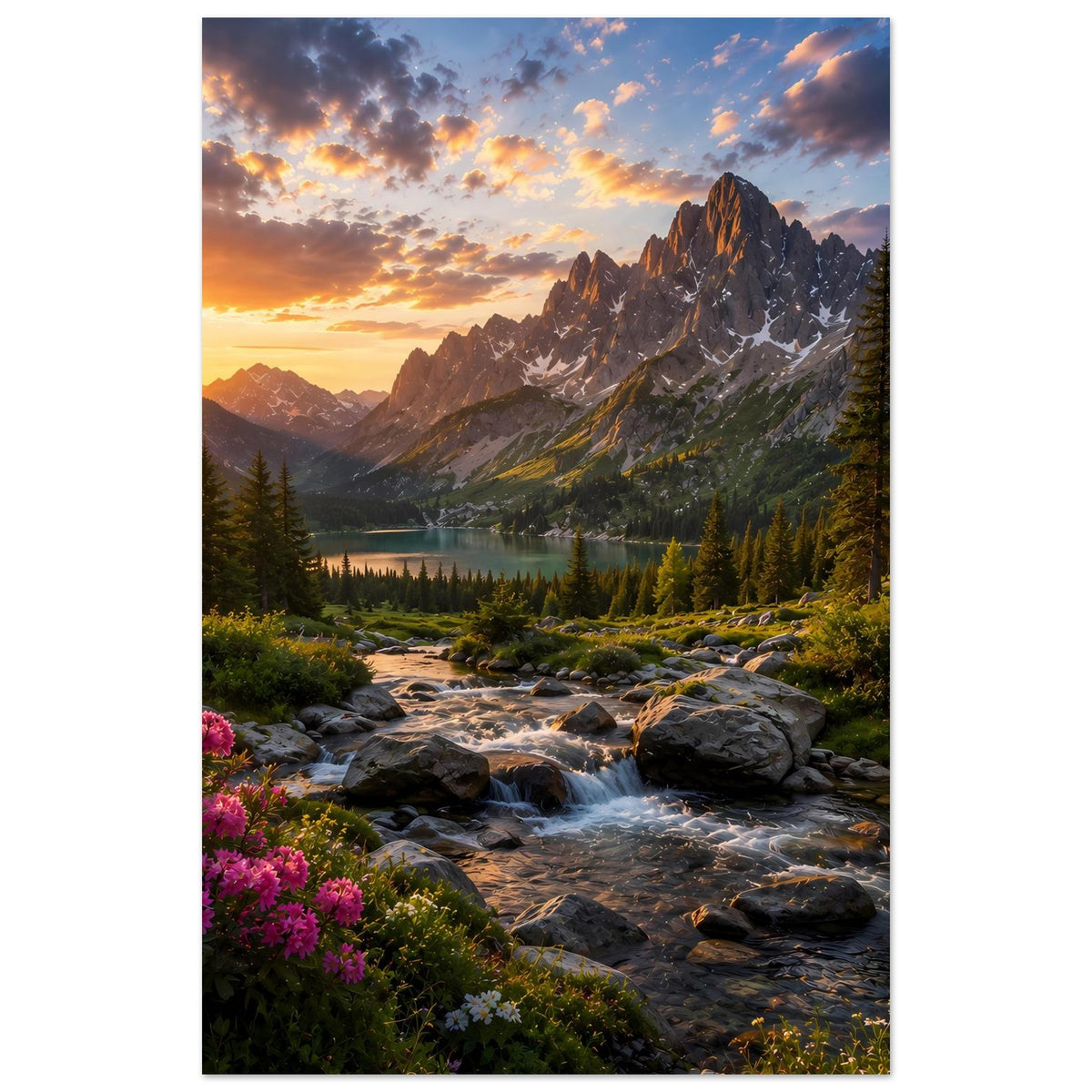Landschaftsposter im Hochformat: Sonnenuntergang über See, Felsenstrom und Tannen