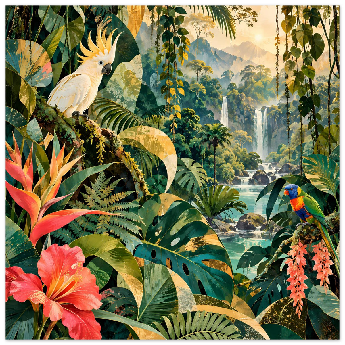 Rechteckiges Poster: Kakadu auf Ranke, Papagei im Dschungel, viele Blätter und Blüten