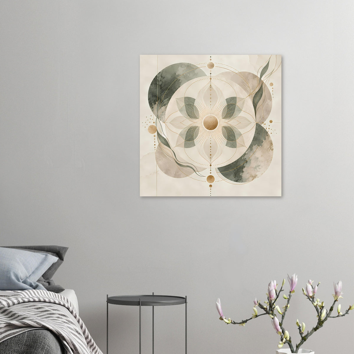 Mandala-Poster im Raum: beiger Hintergrund mit grünen Blättern und goldenen Linien
