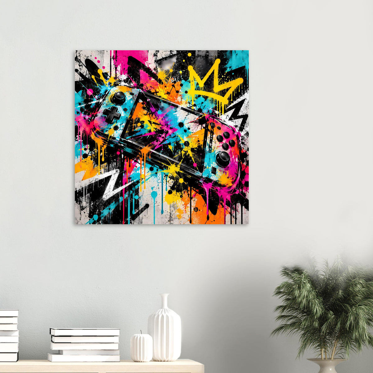 Kleines Graffiti-Gaming-Poster mit buntem Controller-Motiv und Sprühgrafik