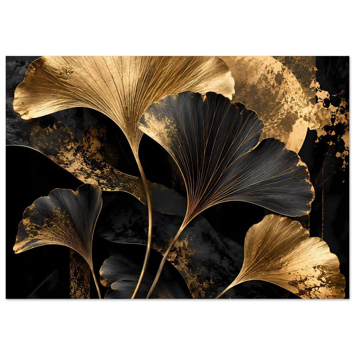 Botanisches Poster im Querformat mit goldenen und schwarzen Ginkgo-Blättern auf mattem Papier