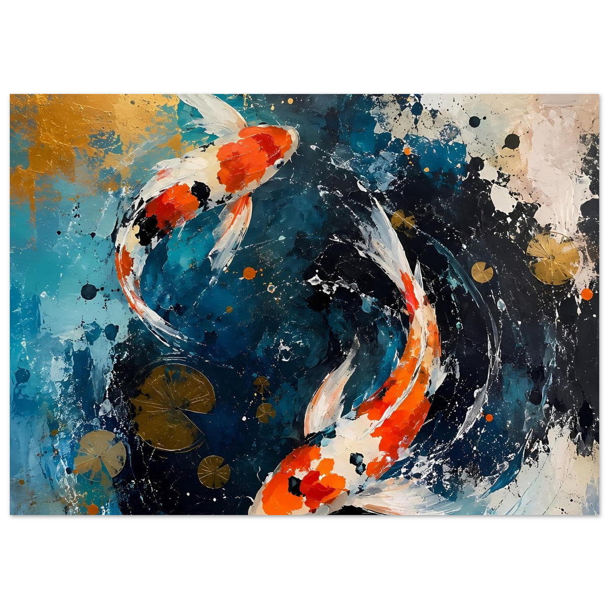 Abstraktes Koi-Poster mit zwei Fischen, schwarze und blaue Pinselwirbel, orange Akzente
