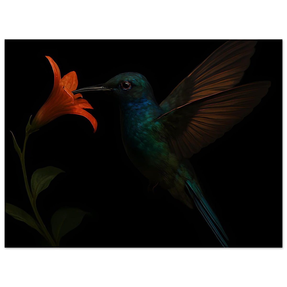 Poster Kunstdruck: Kolibri mit grünlich getöntem Gefieder, orangefarbene Lilie