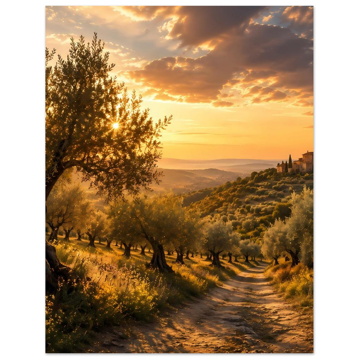 Poster mit Olivenhain am Hang, Feldweg und Dorfansicht in der Ferne bei Abendsonne