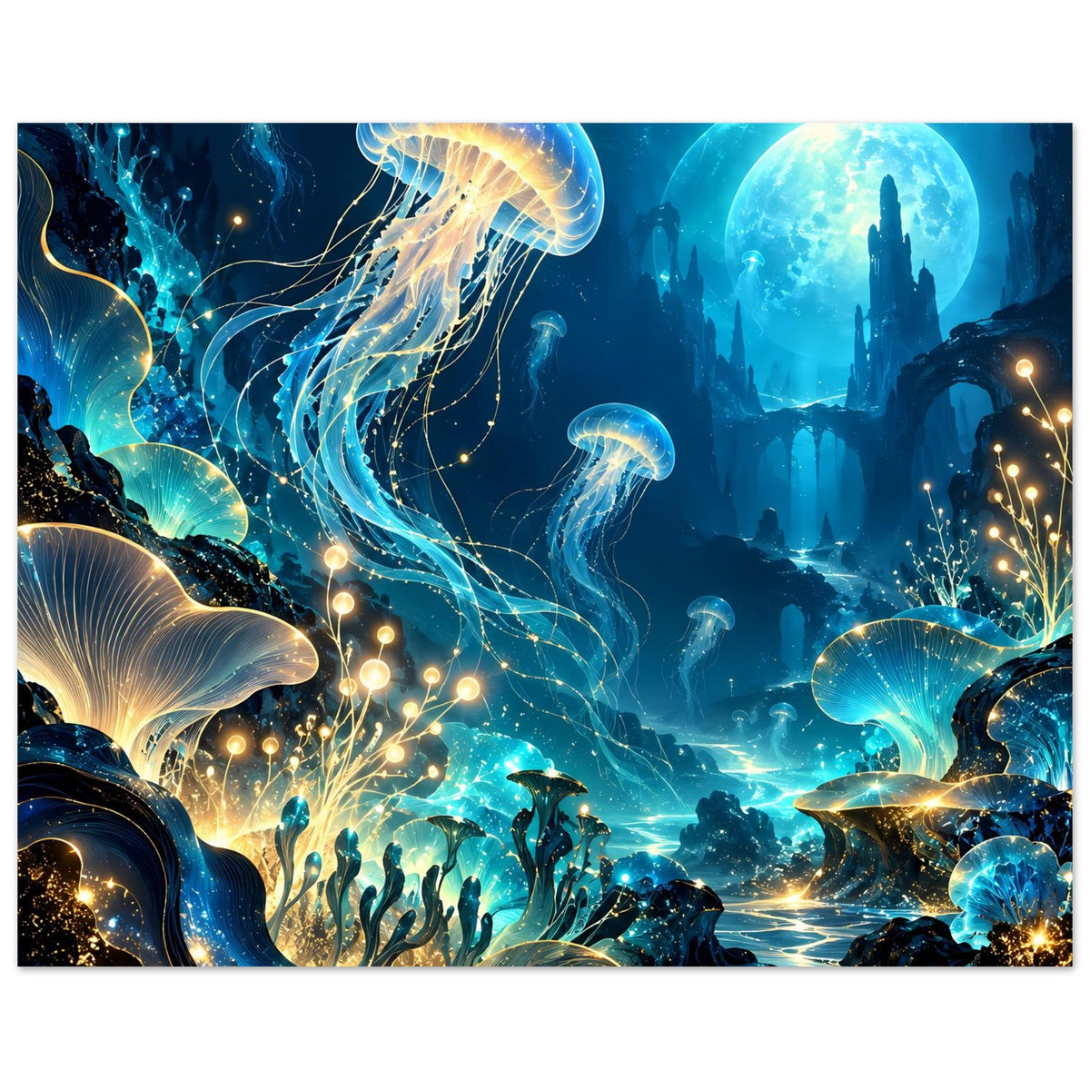 Unterwasserwelt-Poster: leuchtende Qualle, runde Lichtblicke, Korallen und Fische im Blau