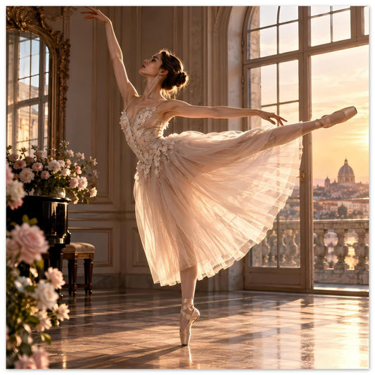 Poster mit Ballerina im hellen Tüllkleid in Arabesque, Arme hoch, Fußspitze vorn