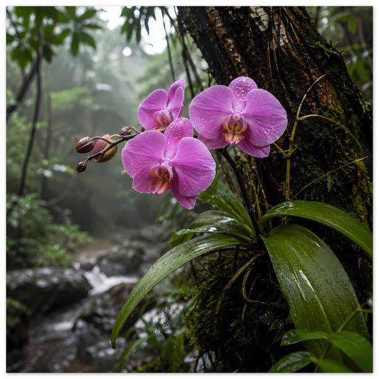 Orchideen-Poster mit drei rosafarbenen Phalaenopsisblüten, Knospenzweig und grünen Blättern