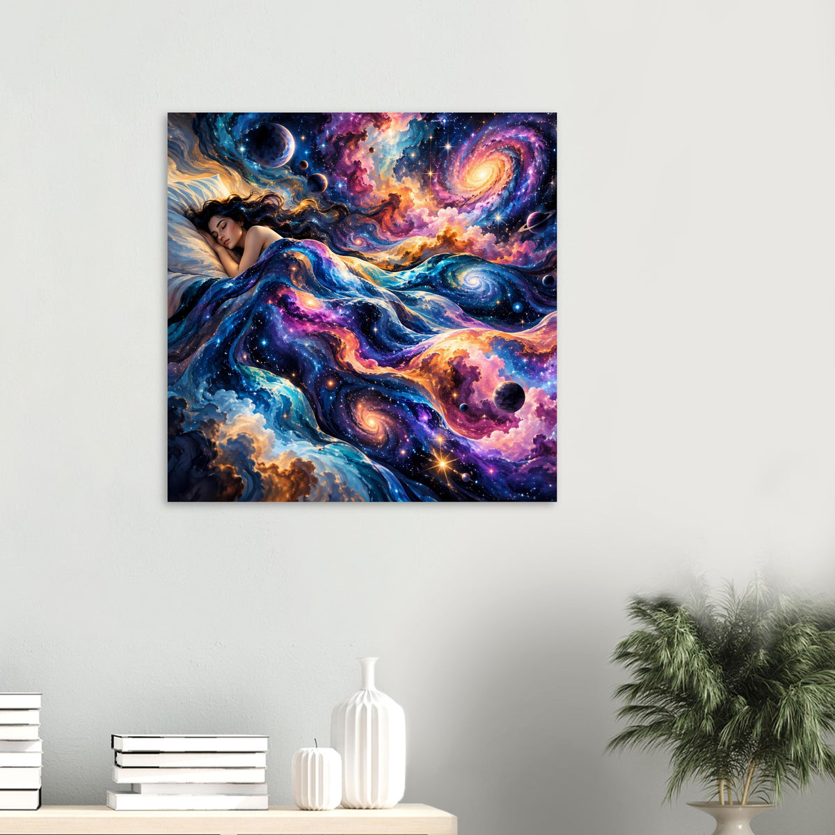 Kleines Galaxie-Poster an der Wand: schlafende Frau im Sternen- und Nebelmeer