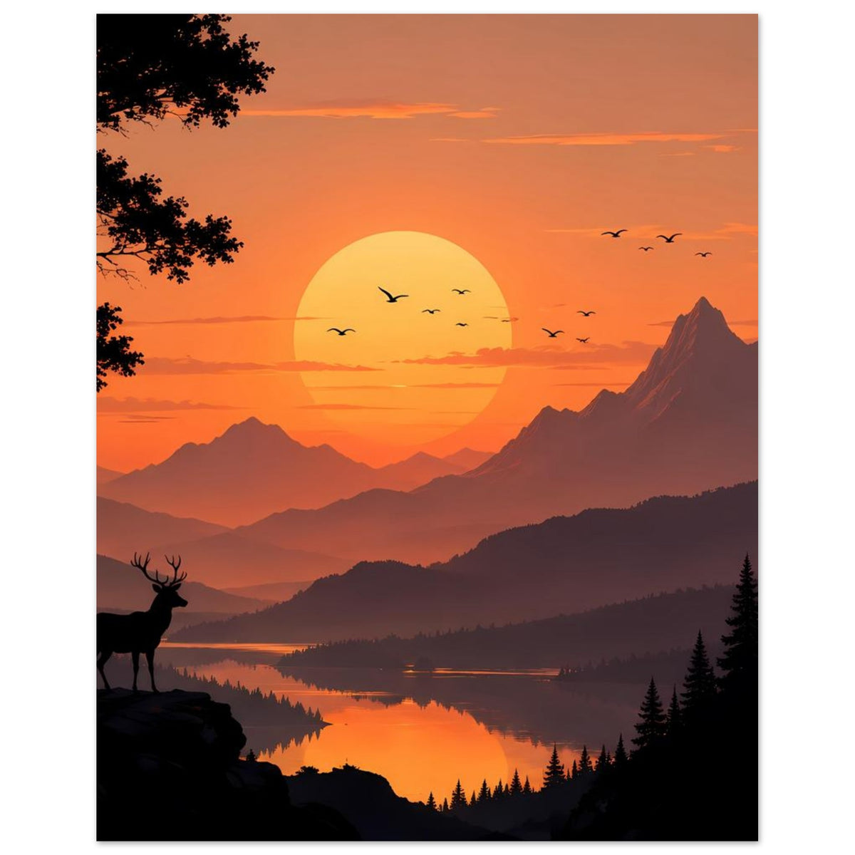 Poster mit Sonnenuntergang-Landschaft: Hirschsilhouette, Berge, See, großer Sonnenball und Vögel