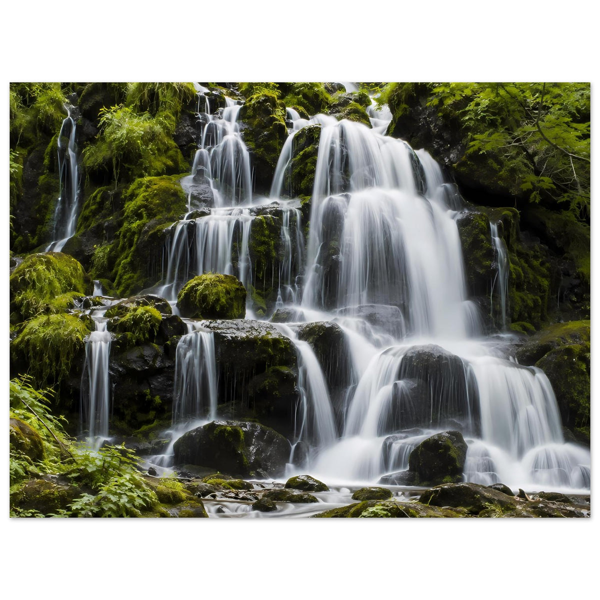 Wasserfall-Poster mit ruhigem Wasserlauf, moosige Felsen und sattes Grün